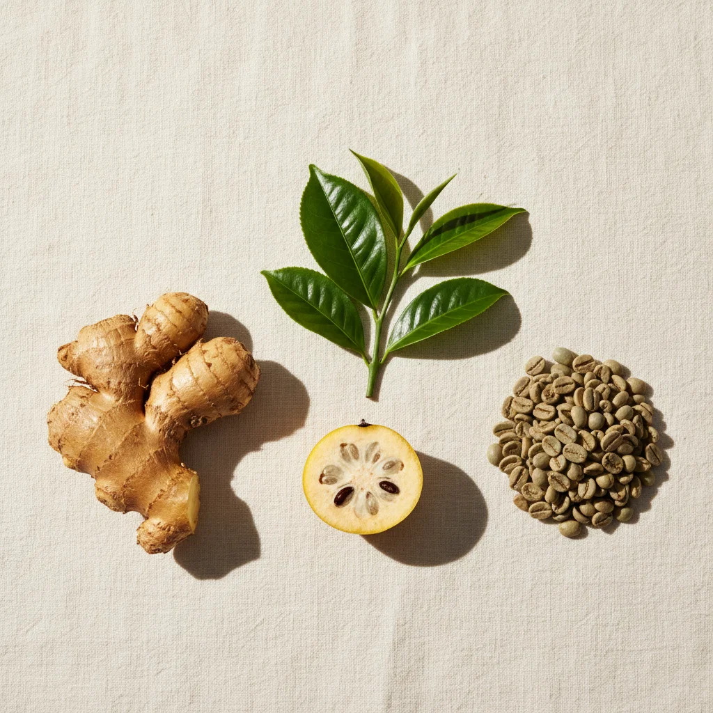 Four botanicals flat-lay: ginger, green tea, garcinia cambogia, green coffee - everyday wellness supplement with botanicals